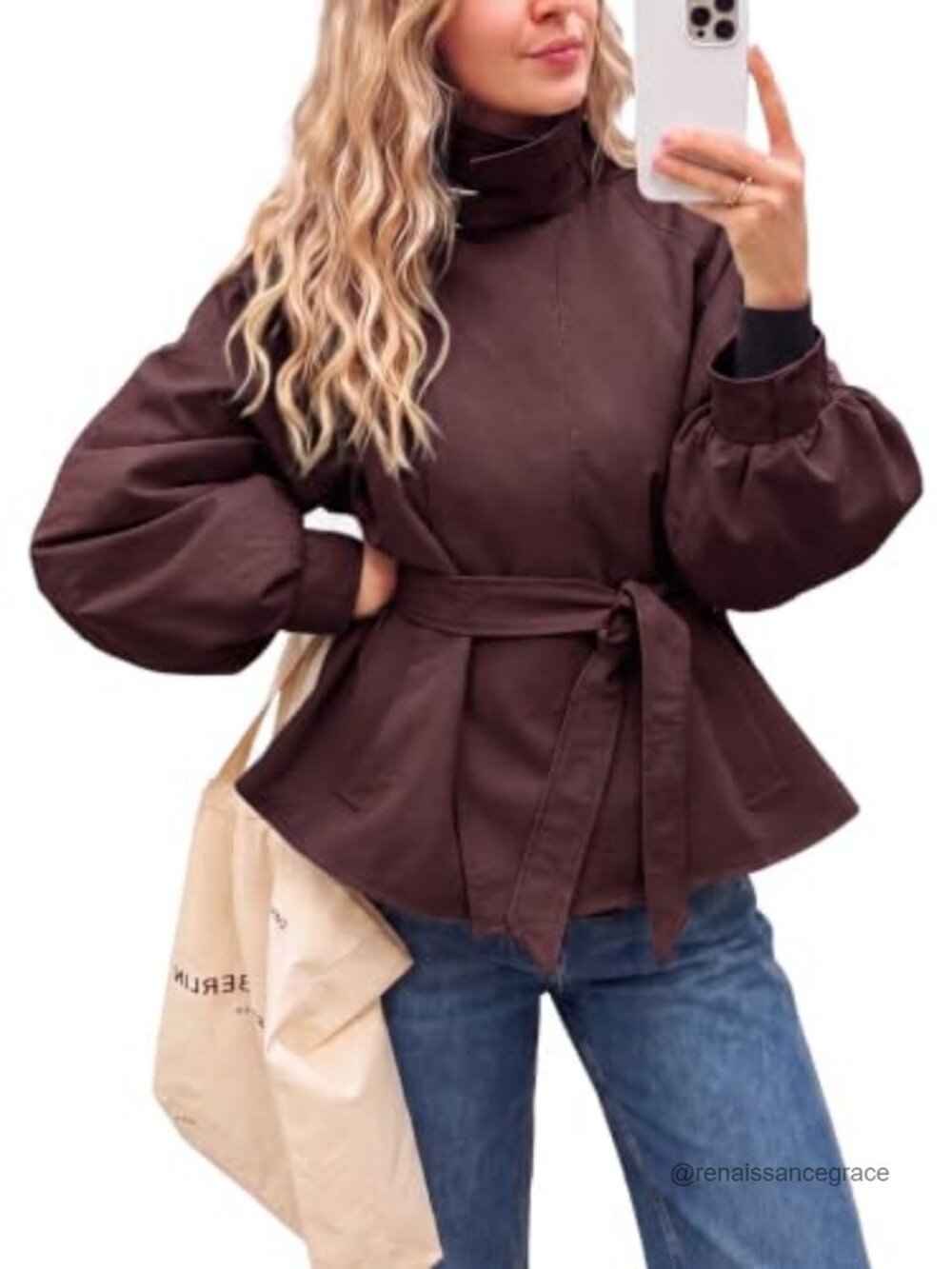 Womens Cropped Trench Coat Lightweight Short Lantern Sleeve Oversized Jacket